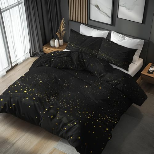 Generisch Sternenhimmel Schwarz Bettwäsche 155x220 - Schlafzimmer Deko Sterne, Sternenhimmel Bettbezug 155 x 220 3er Set mit 2 Kissenbezug 80x80, Mikrofaser Sommerbettwäsche mit Reißverschluss C81