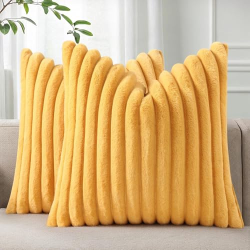 Homaxy Kunstfell Kissenbezug 45x45 2er Set, Senfgelb | Deko Weich Flauschige Gestreift Kissenhülle, Plüsch Sofakissen Dekokissen Couchkissen für Wohnzimmer Schlafzimmer Sofa
