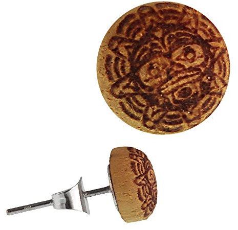 CHICNET Holz Ohrstecker Krieger Maske Sterlingsilber 925er rund 8 mm Lasergravur golden Jackfrucht