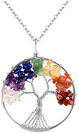 FOCALOOK Collier Femme Long Plaqué Or Blanc Chaîne Pendentif Rond Arbre de Vie avec 7 Chakra Pierres Naturelles