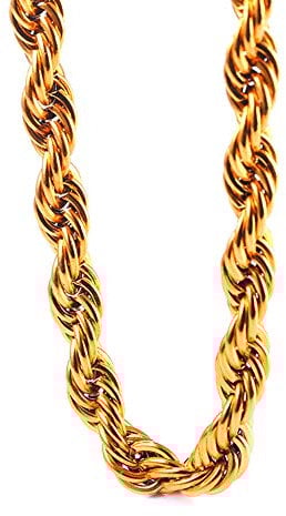 TUOKAY Direct 9mm Faux Big Gold Rope Chain Necklace, Sparkling 18K Fake Gold Rope Necklace Chain, 24 Very Pretty School Rapper Kit Costume Accessory, 24 inches long, Stainless Steel, No Gemstone