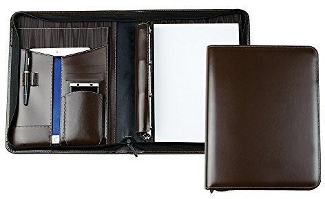 DELMON VARONE - Personalisierbare Tablet & Smartphone Schreibmappe DIN A4 XXL Cambridge Top Grain Leder braun, Konferenzmappe inkl. Ringbuch, Notizblock, Stiftschlaufe, Steckfächer & Reißverschluss