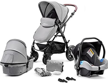 Kinderkraft Pram 3 in 1 Set MOOV, Travel System, Baby Pushchair, Rear and Front Facing, Foldable, with Infant Car Seat, Accessories, Rain Cover, Footmuff, Up to 3 Years, Gray