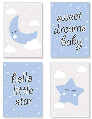 PREMYO Bilder Kinderzimmer Deko Jungen - Poster Set Babyzimmer - Wandbilder Schlafzimmer Mond Stern Wolken Blau DIN A4