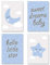 PREMYO Bilder Kinderzimmer Deko Jungen - Poster Set Babyzimmer - Wandbilder Schlafzimmer Mond Stern Wolken Blau DIN A4