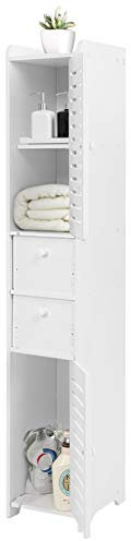 Bathroom Cabinet Column Tall Modern White, Bathroom Tall Unit Storage Cabinet Wood Plastic Board Cabinet Storage Toilet Unit with 3 Compartments Storage Units and 2 Drawers, 26x20x118cm