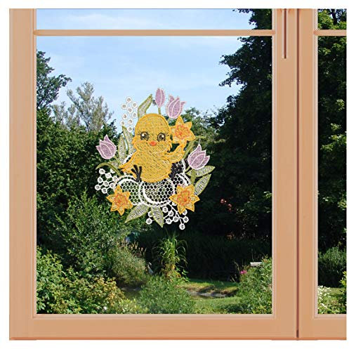 Oster-Fensterbild Küken im Osternest mit Tulpen und Narzissen aus Plauener Spitze