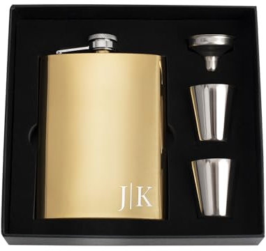 Flachmann mit Gravur, Flachmann Set mit Becher und Trichter, Edelstahl, Graviert, für Hochzeit, Junggesellenabschied, Geschenk für Ihn, Vatertagsgeschenk, Geburtstagsgeschenk (8oz/237ml, gold)