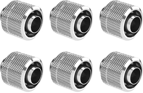 Dracaena.io 6-Pack G1/4 Soft Tube Compression Fitting, 3/8ID 5/8OD, Silver | brass with a chrome finish · embedded O-ring, leakproof seal · for a computer water cooling system