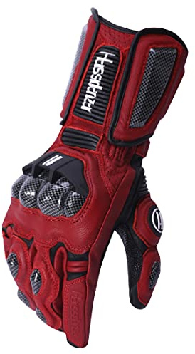 Harssidanzar Motorradhandschuhe aus Leder für Männer und Frauen,Touchscreen Powersports Carbon Fiber Knöchelschutz Motorradhandschuhe KM045,Ochsenblut/Schwarz, Größe XL