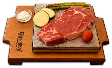 Piedra para Carne de 20x20 con base de madera en color roble con un salsero Personalizada