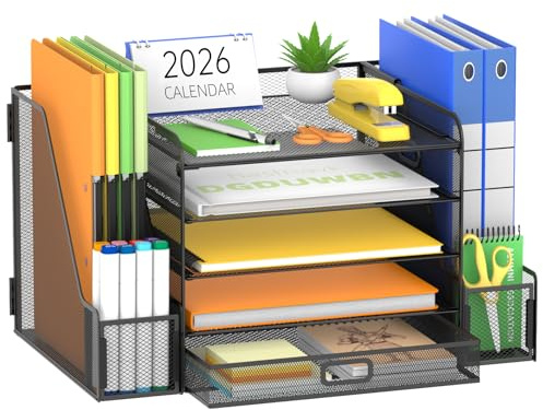 SUPEASY Schreibtisch-Organizer aus Netzstoff mit Aktenhalter, 5-stöckig, Papier-Briefablage, Organizer mit Zeitschriftenhalter, Schreibtisch-Organizer und Aufbewahrung mit Schublade für Bürobedarf,