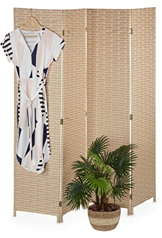 Relaxdays Paravent à 4 Volets, Brise-Vue Pliable, Plastique et Bois, H x L : 170 x 160 cm, pour intérieur, Marron Clair