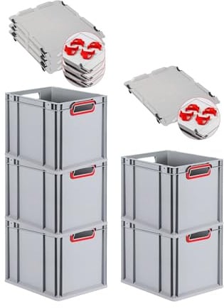 PROREGAL SuperSparSet 5x Eurobox NextGen Color mit Auflagedeckel & Schiebeschnappverschlüsse, HxBxT 32x30x40cm, 30L, Griffe rot offen, Glatter Boden, Eurobehälter Transportbox Transportbehälter