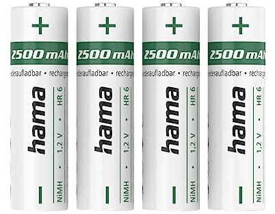 Hama Akku Batterien AA aufladbar, 4 Stück (mit hoher Kapazität, 2500 mAh, 1,2 V, wiederaufladbar, geringe Selbstentladung, Akku AA Mignon, NiMH Akkus, für schnurlose Telefone, Fernbedienung etc.)