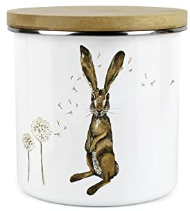 Purely Home Hares and Dandelions Storage Canister by Rhiannon Chauncey - White Metal Enamel Kitchen Food Storage Container