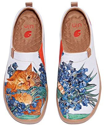 UIN x FatCatArt Collaboration Damen Slip Ons Schuhe Lässige Wanderschuhe Loafer Leichtgewicht Bequeme kunstbemalte Reiseschuhe Toledo Ⅰ Love Irises' Smell (42)