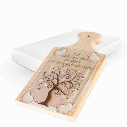 Bomboniera Tagliere e Sottopentola Albero della vita in legno mis 16x29 cm con stampa su vetro con Scatola da Regalo in omaggio ideale per Bomboniera Battesimo Comunione Matrimonio e Anniversario