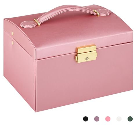 Schmuck-Organizer-Box mit Griff, 3-lagig, verschließbar, PU-Leder, Reise-Schmuckkoffer mit Spiegel, tragbare Schmuckaufbewahrung für Ohrringe, Ringe, Armbänder, Halsketten, Geburtstagsgeschenkidee für