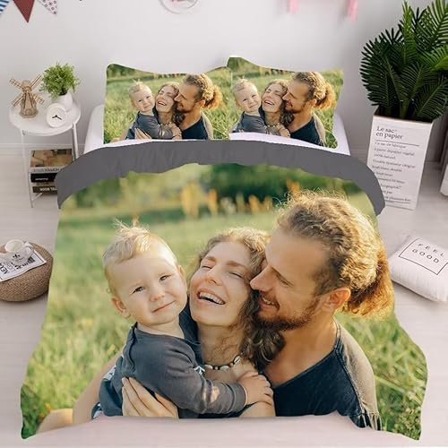 GLIKW Personalisierte Bettwäsche Set mit eigenem Foto Name, Mikrofaser Bettbezug + 2 Kissenbezug Selbst Gestalten Bedrucken Lassen Bettwäsche für Familie Weihnachten Geschenk (Personalisierte Futter)
