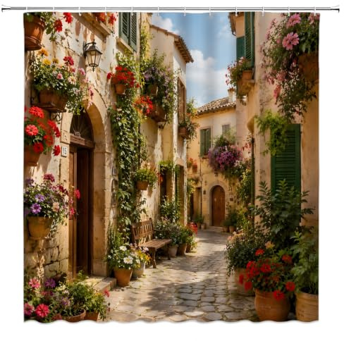 GCTNBJL Italian Shower Curtain European Garden Greece Scene Tuscany Vintage Street Floral Plant Mediterranean Brown Green Bathroom Home Curtain with Hooks,70 Wx70 H