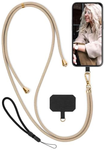 moex Unleash für Redmi Note 12 Pro+ 5G Handyband zum Umhängen ohne Hülle, Handykette Universal mit Karabiner, Handy Band abnehmbar, Kette mit Pad für Handyhülle, Beige, Gold