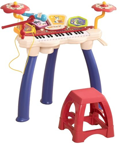 AIYAPLAY Piano Enfant, Clavier électronique Batterie 2 en 1, 32 Touches Multifonctions, avec Micro et Tabouret, Lecteur Disque U et MP3, Instrument de Musique Enfant 3-6 Ans, Multicolore
