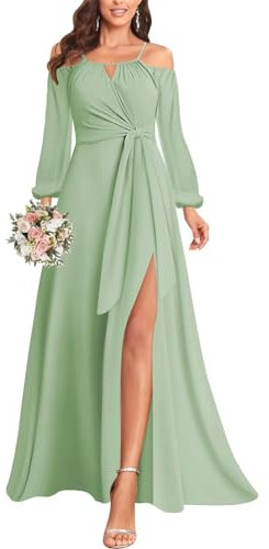 Long Sleeve Halter Bridesmaid Dresses with Slit for Women Cold Shoulder Formal Evening Gown YIAX140 Sage Green UK8
