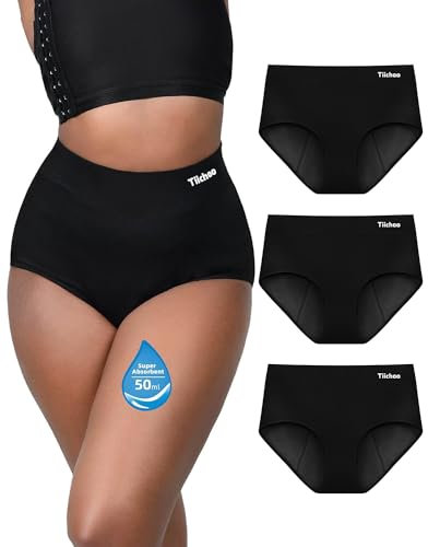 TIICHOO Periodenunterschwäsche Starke Blutung Hohe Taille Inkontinenz Pants Damen 3er Pack (44,Schwarz 3 Stück)