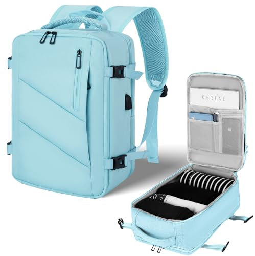 VOESLD für Ryanair Handgepäck 40x20x25, Handgepäck Rucksack Herren Damen Blau Laptop Rucksack Wasserdicht, Arbeitstasche Hellblau, Mit USB-Anschluss 20L