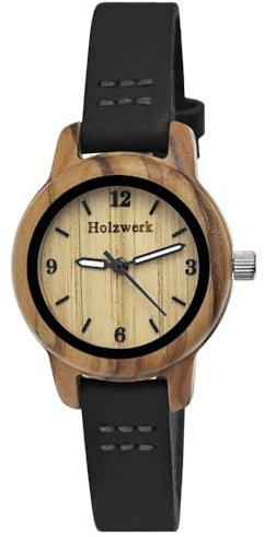 Holzwerk Germany Handgefertigte Kleine Öko Damen-Uhr Öko Natur Holz-Uhr Leder Armband-Uhr Analog Klassisch Quarz-Uhr in Schwarz Braun Rot Blau Türkis (Schwarz.bunt)