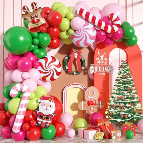 Kit Arco Palloncini Natalizi,114pcs Ghirlanda Palloncini Natale verde rossi palloncini riutilizzabili Natale,Palloncini decorazione per Festa Natale carnevale Capodanno