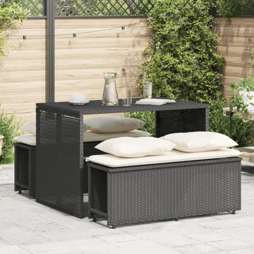 Homgoday 3-TLG. Garten-Essgruppe mit Kissen Gartenmöbel Set Balkonmöbel Gartenstühle mit Tisch, Sitzgruppe Terrassenmöbel Gartengarnitur Sitzgarnitur Schwarz Poly Rattan