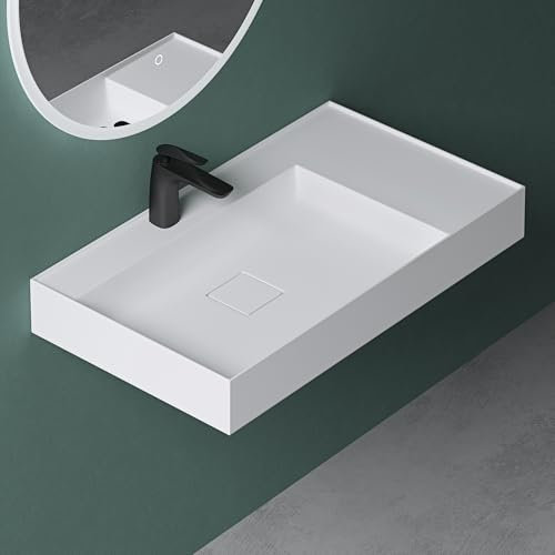 Mai & Mai Lavabo sobre Encimera Lavabo Suspendido Baño Lavabo | Rectangular | Blanco Mate | Mármol Fundido | 80x46x12cm | con Orificio para Grifo y Válvula de Desagüe | Colossum630