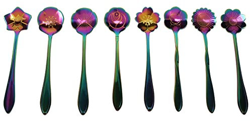 Idhadkc 8 Flower Spoon Set, 410 Stainless Steel Reusable Tea Spoon, Stirring Spoon, Coffee Spoon Tea Tableware (Length: 4.9 Inch, Rainbow)