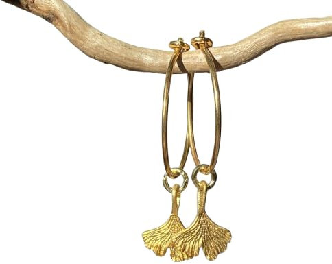 Gold Creole mit Ginkgo Blatt aus 24 K Vergoldetes Sterlingsilber, Spirituelles Symbol Schmuck Geschenk zu jedem Anlass, Einzigartige Designer Ohrringe
