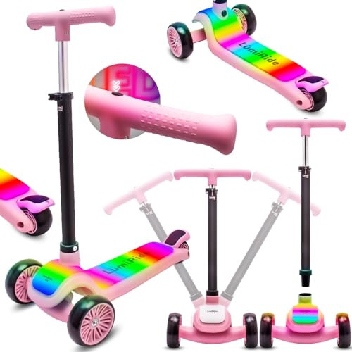 LUMI Ride Kinderroller 3 Räder Balance LED Rosa 3+, Klappbar, Höhenverstellbarer Lenker, Fußbremse, Rutschfestes Trittbrett, Abnehmbarer Lenker