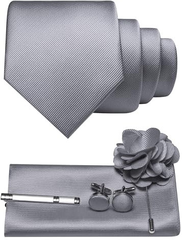 JEMYGINS Herren Krawatte aus Twill mit einfarbigem Design inklusive Pocket Square Manschettenknöpfen Krawattenklemme und Blütenbrosche Geschenkset für Partys Business Hochzeiten grau