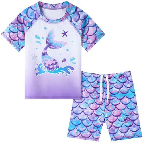 Girls Swimming Costume Kids Two Pieces Short Sleeve Swimsuit (UK, Numeric, 110, Regular, Purple)