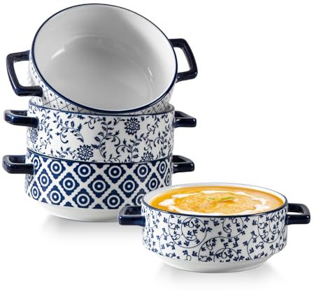 Cerkik Soup Bowls with Handles - 24oz Ceramic French Onion Soup Crocks Serving Bowls for Pasta Cereal Beef Stew Pot Pies Casserole - Oven Microwave Dishwasher Safe - Set of 4, Blue