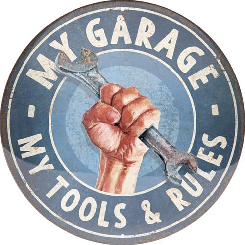 Nostalgic-Art Retro Blechschild, Ø 35 cm, My Garage – My Tools & Rules – Geschenk-Idee für Motor-Fans, aus Metall, Werkstatt-Deko im Vintage Design mit Spruch, Blechschilder Sprüche