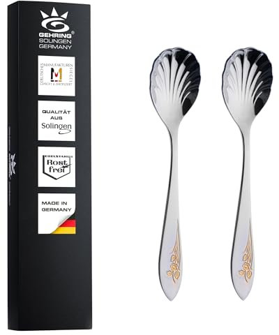 Gehring Solingen Flower Zuckerlöffel dekorvergoldet 2er Set I Muschellöffel I Edelstahl 18/10 I Kaffeelöffel I spülmaschinengeeignet I Made in Germany