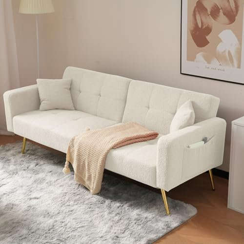 BTM Sofa Bed, 3 Seater Sofa Settee Couch with 3 Adjustable Backrest Angles, Gold Legs, Cushions and Side Storage Pockets, White Sharpa Surface