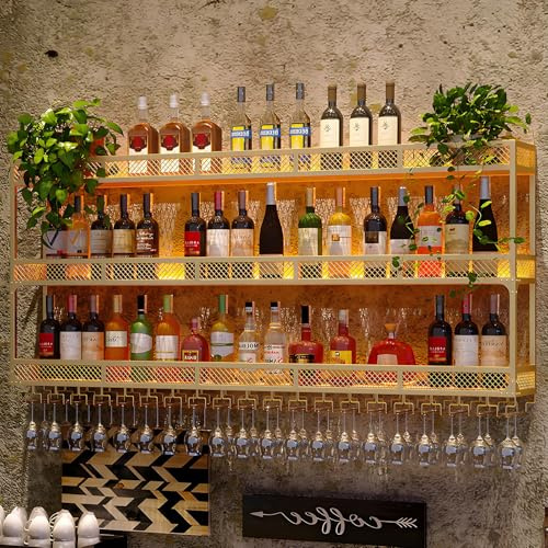 NEHCFO Moderne Metall Wand Montiert Wein Display Rack, Weinregal Wandmontage mit Led-Beleuchtung, Wandmontage, Platz Sparen, Einf-ache Install-ation, für Restaurant, Bars (Gold, 80x25x90cm)