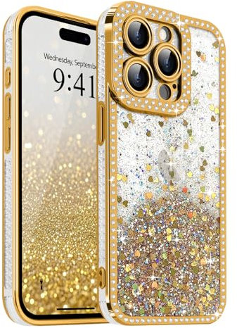 Ethanger for Sparkling Gradient Glitter Case for iPhone 15 Pro Max, Crystal Rhinestone Border Heart Back Cover for Girl Women Shockproof Soft TPU Cover for iPhone 15 Pro Max, Gold