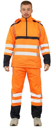 Generation-Plus+ Mens Hi Vis Rain Tracksuit High Visibility Waterproof Reflective Safety Suit Lightweight Rainsuit Hooded Top Trouser Set S M L XL 2XL