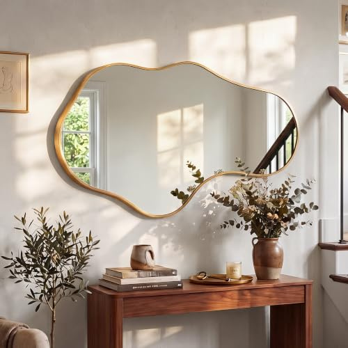 Fahomiss Unregelmäßiger Wavy Wandspiegel, Abstrakter Spiegel mit Aluminiumlegierung Rahmen in Luftfahrtqualität für Badezimmer, Schlafzimmer & Flur