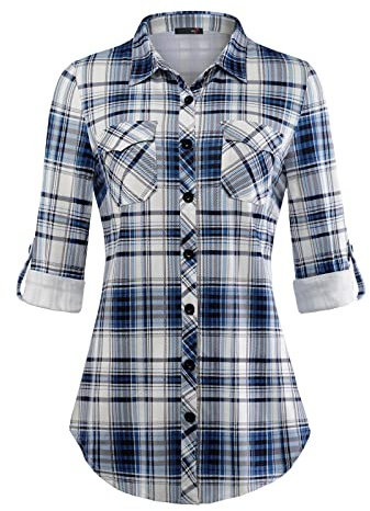 DJT Womens Soft Stretchy Knit Plaid Shirts Roll Up Long Sleeve Collared Button Down Ladies Blouses Work Tops Blue-White L