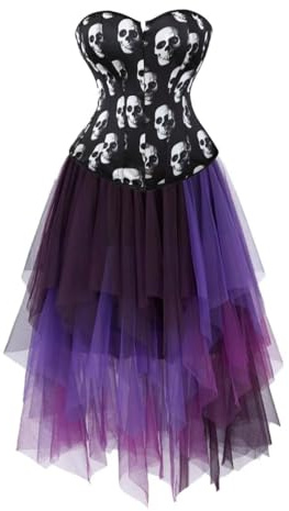 Corset Femme Jupe Multi Couche Tulle 2 pièces Vintage Medieval Dress Grande Taille Renaissance crâne Noir 5XL