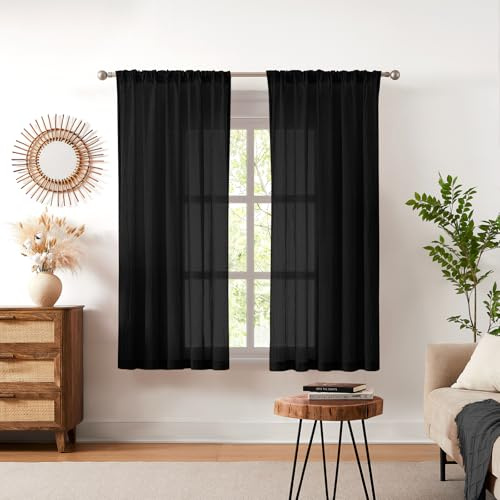 Melodieux Halbtransparent Gardinen Schwarz - Vorhänge mit Kräuselband 175H ×140B cm, 2er Set, Lichtdurchlässig Einfarbig Sheer Voile Vorhang, Vorhange für Schienensystem, Wohnzimmer & Schlafzimmer